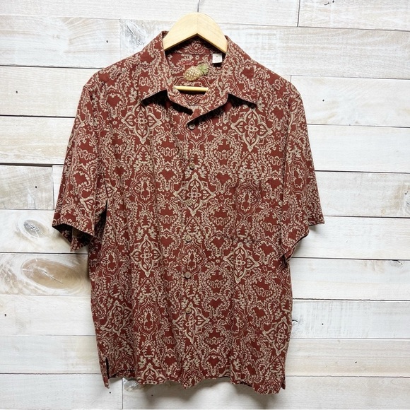 Caribbean Shirt Mens Medium Rust Brown Beige Tropical Hawaiian Button Up Pocket - Picture 1 of 8